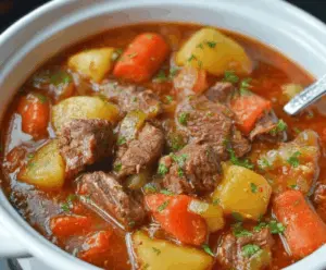 Delicious homemade Crockpot Beef Stew with tender beef, vegetables, and savory broth in a slow cooker.
