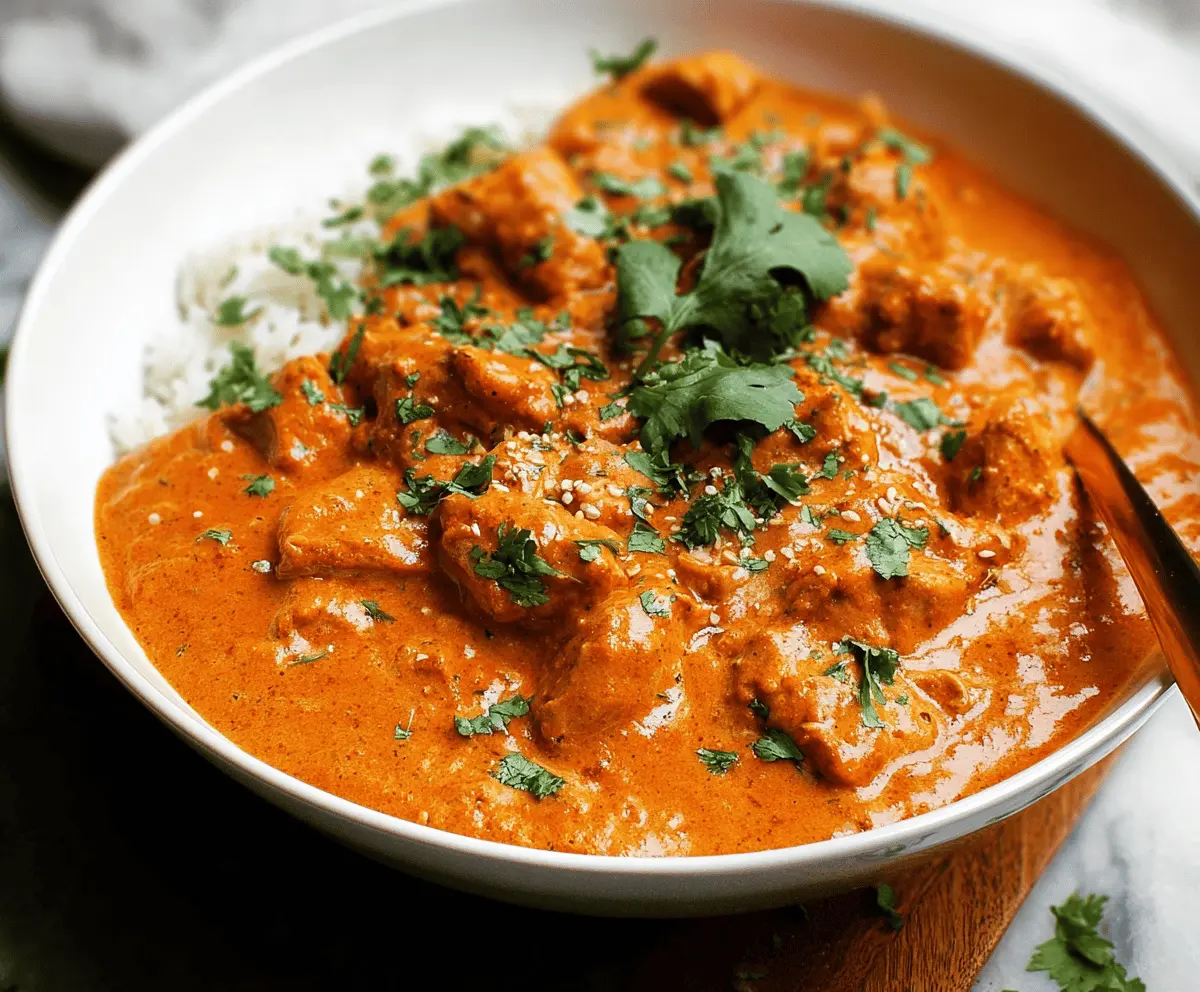 Creamy Crockpot Butter Chicken served with rice and fresh herbs, perfect for a flavorful and easy dinner