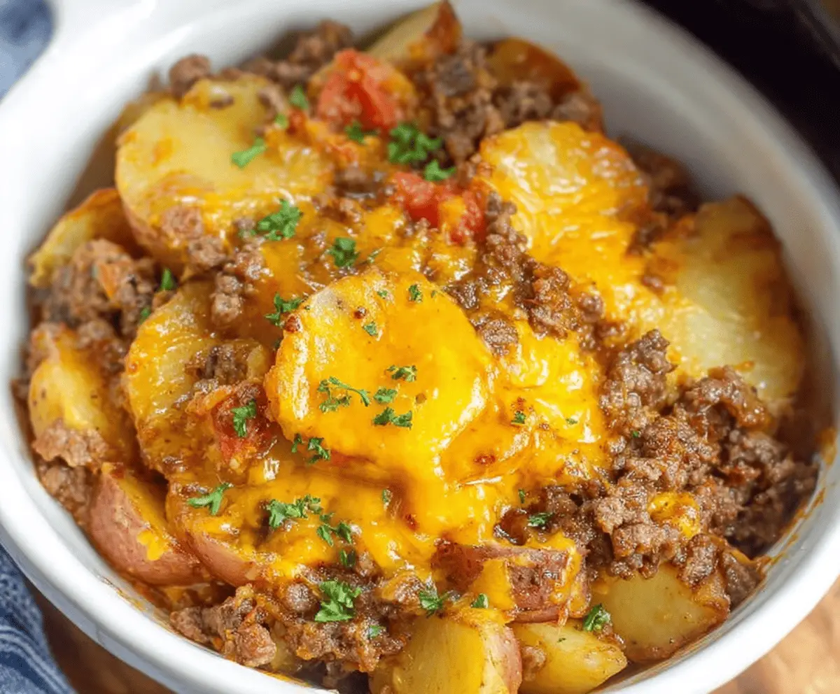 Delicious Crockpot Hamburger Potato Casserole topped with melted cheese and fresh herbs, served in a white ceramic dish