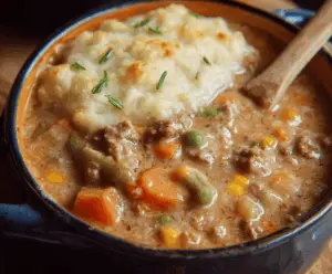 Hearty Shepherd’s Pie-Inspired Soup with ground beef, mashed potatoes, carrots, peas, and savory herbs in a comforting bowl