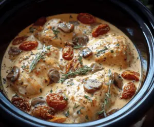 Creamy and flavorful Marry Me Chicken cooked in a crockpot, featuring tender chicken breasts topped with a rich, cheesy sauce—perfect for a comforting, easy dinner.
