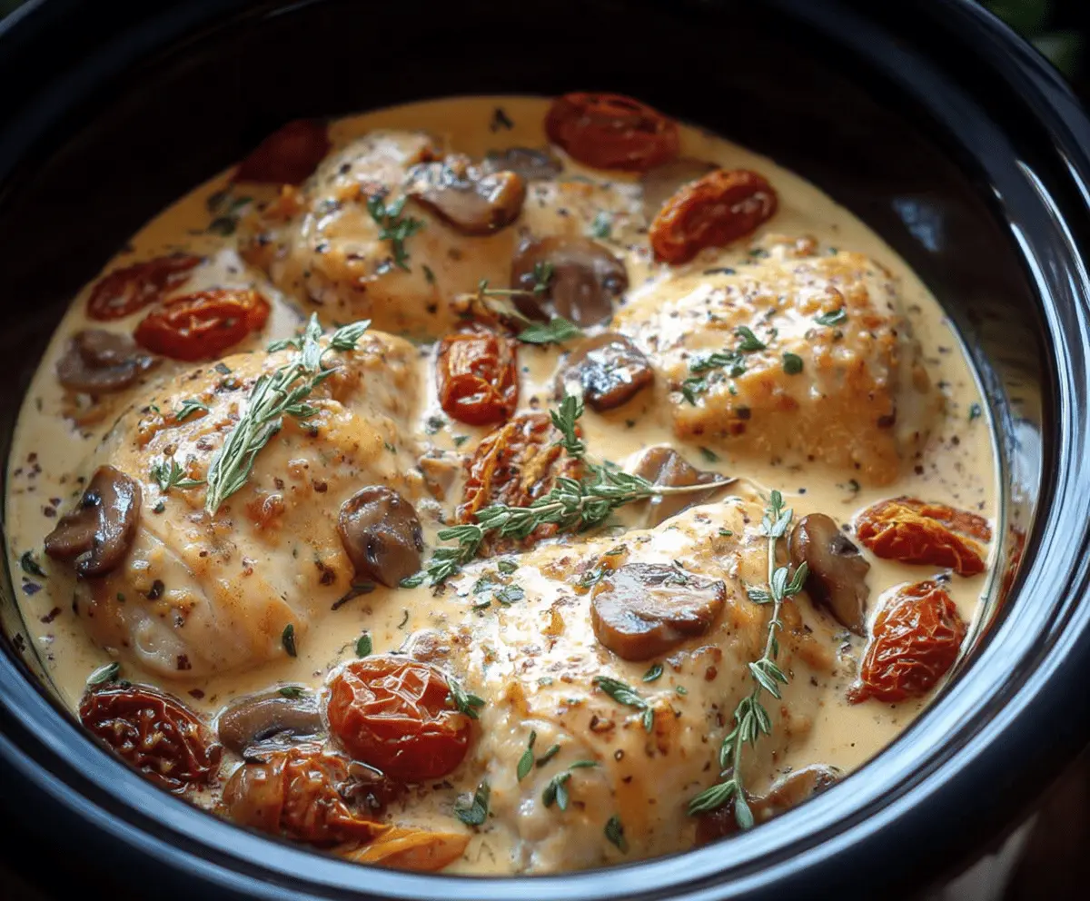 Creamy and flavorful Marry Me Chicken cooked in a crockpot, featuring tender chicken breasts topped with a rich, cheesy sauce—perfect for a comforting, easy dinner.