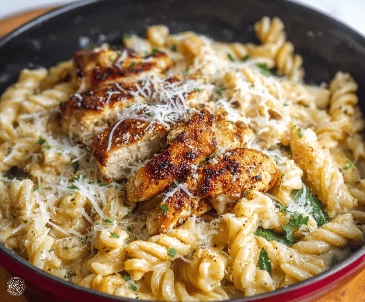 Creamy Parmesan Chicken Pasta dish featuring tender chicken, pasta, and melted cheese in a flavorful sauce.