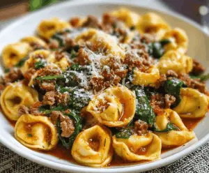 Creamy garlic butter beef and spinach tortellini dish with tender beef, fresh spinach, and cheesy tortellini garnished with herbs