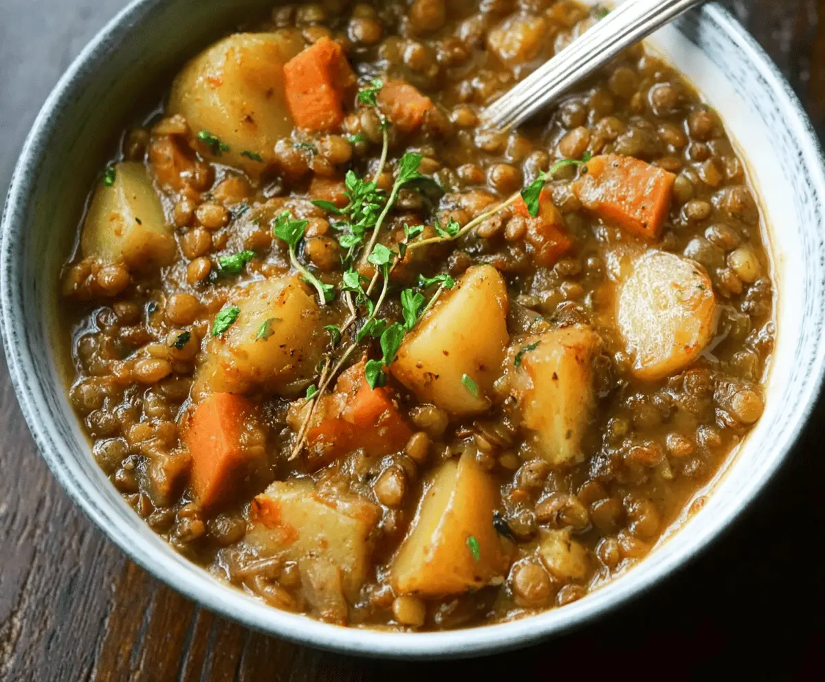 A bowl of hearty lentil and potato soup garnished with fresh herbs, served with crusty bread on a rustic wooden table.