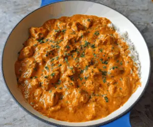 Creamy homemade butter chicken served with naan and rice, featuring tender chicken in a rich tomato-based sauce garnished with fresh cilantro.