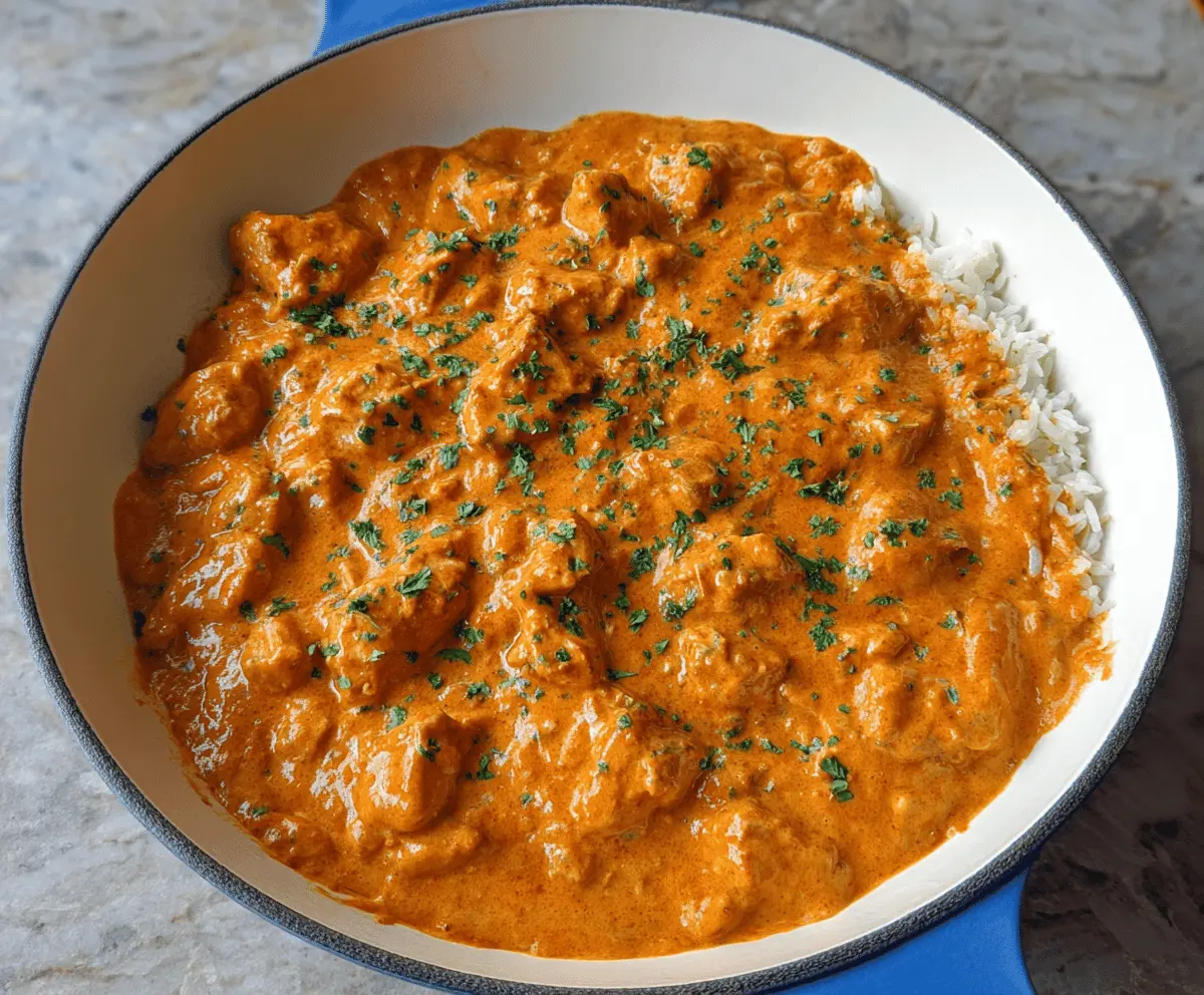 Creamy homemade butter chicken served with naan and rice, featuring tender chicken in a rich tomato-based sauce garnished with fresh cilantro.