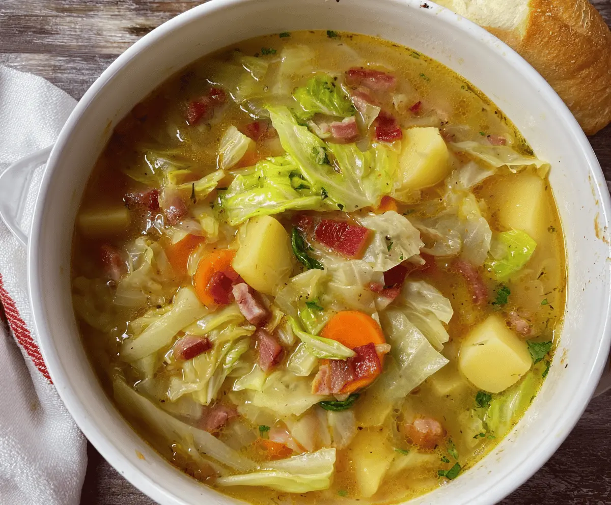 Creamy Irish bacon, cabbage, and potato soup served in a bowl, featuring fresh ingredients and hearty flavors