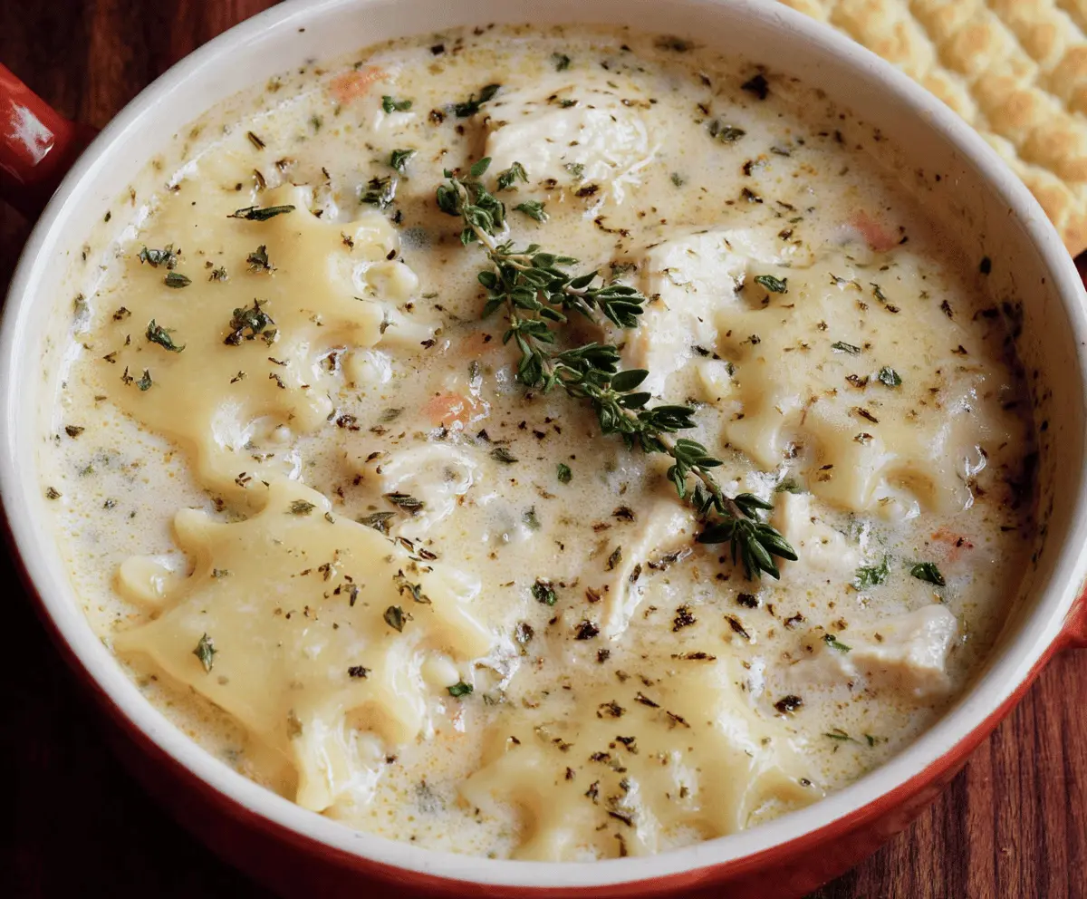 Creamy white chicken lasagna soup in a bowl topped with fresh herbs and melted cheese, served hot and ready to enjoy.