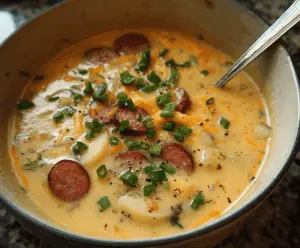 Creamy kielbasa and potato soup in a bowl with fresh herbs, perfect for a hearty meal