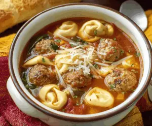 Delicious meatball soup with cheese tortellini, fresh herbs, and melted cheese in a bowl—perfect comfort food recipe.