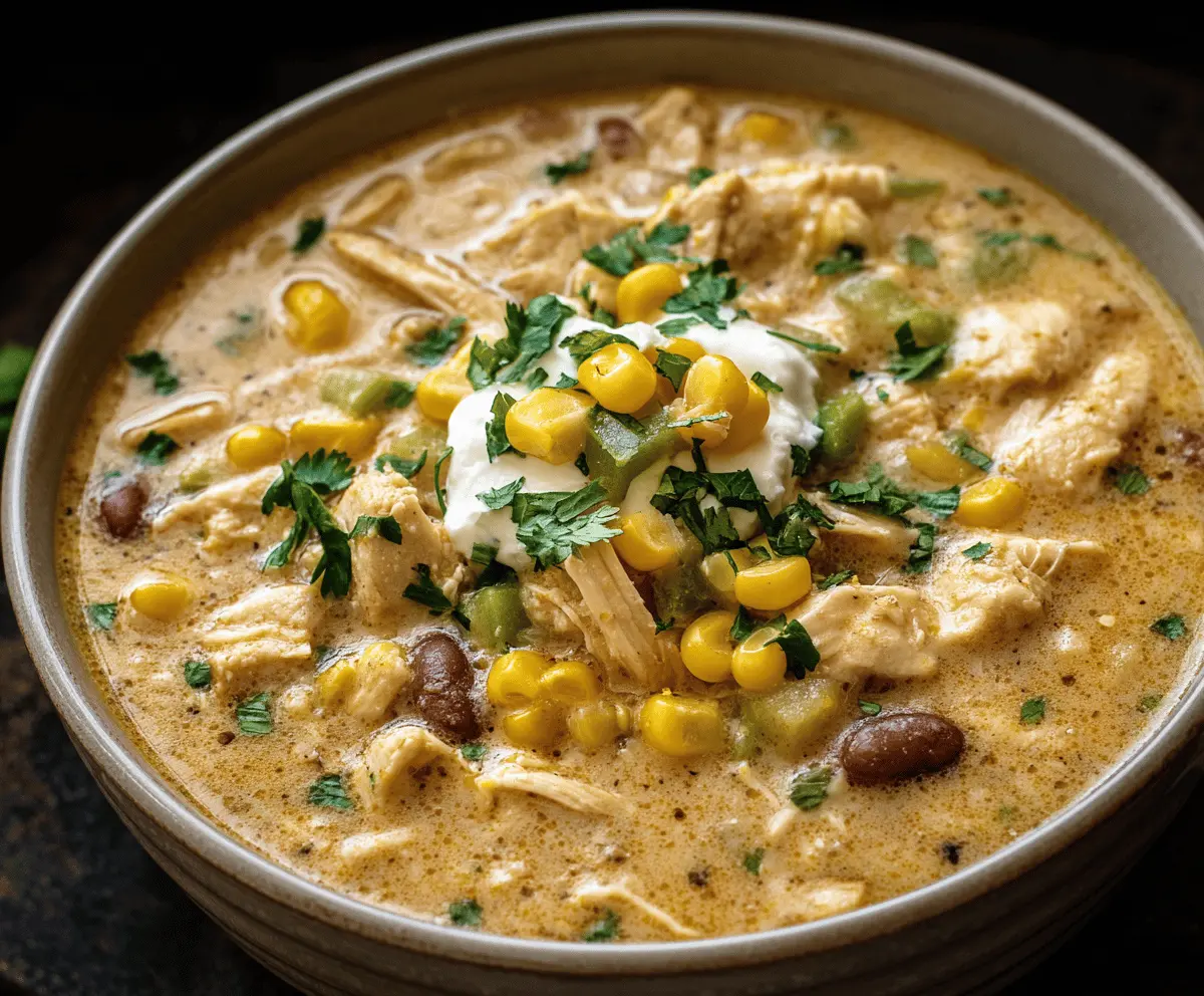 Creamy Mexican Street Corn White Chicken Chili topped with fresh cilantro and crumbled queso fresco, served in a bowl.