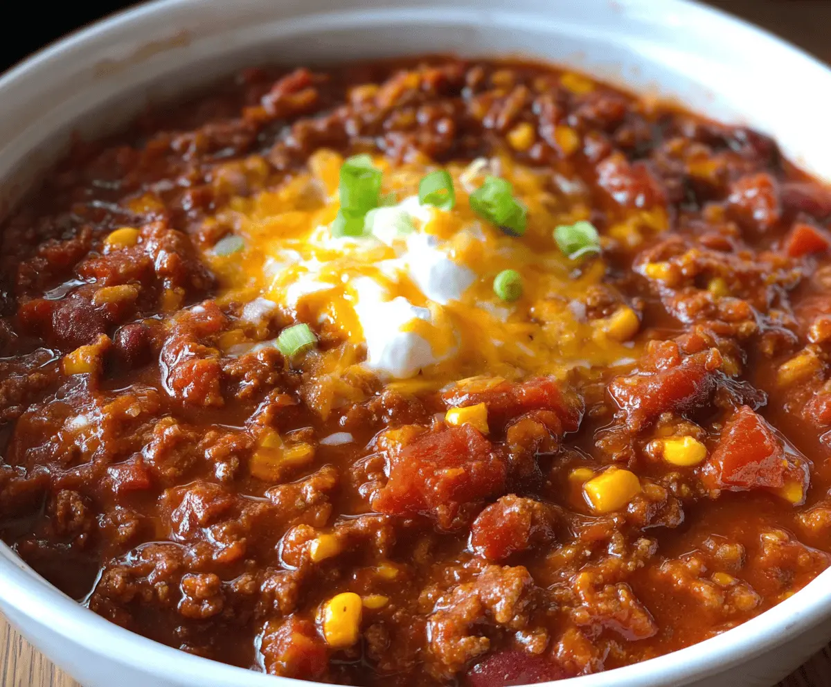 Delicious slow-cooker chili with ground beef, beans, tomatoes, and spices in a bowl, perfect for a hearty comfort meal
