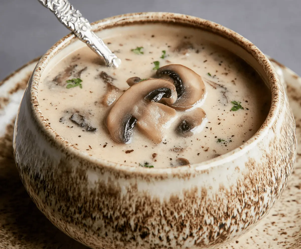 Creamy mushroom soup served in a bowl garnished with fresh herbs, perfect for a cozy meal.