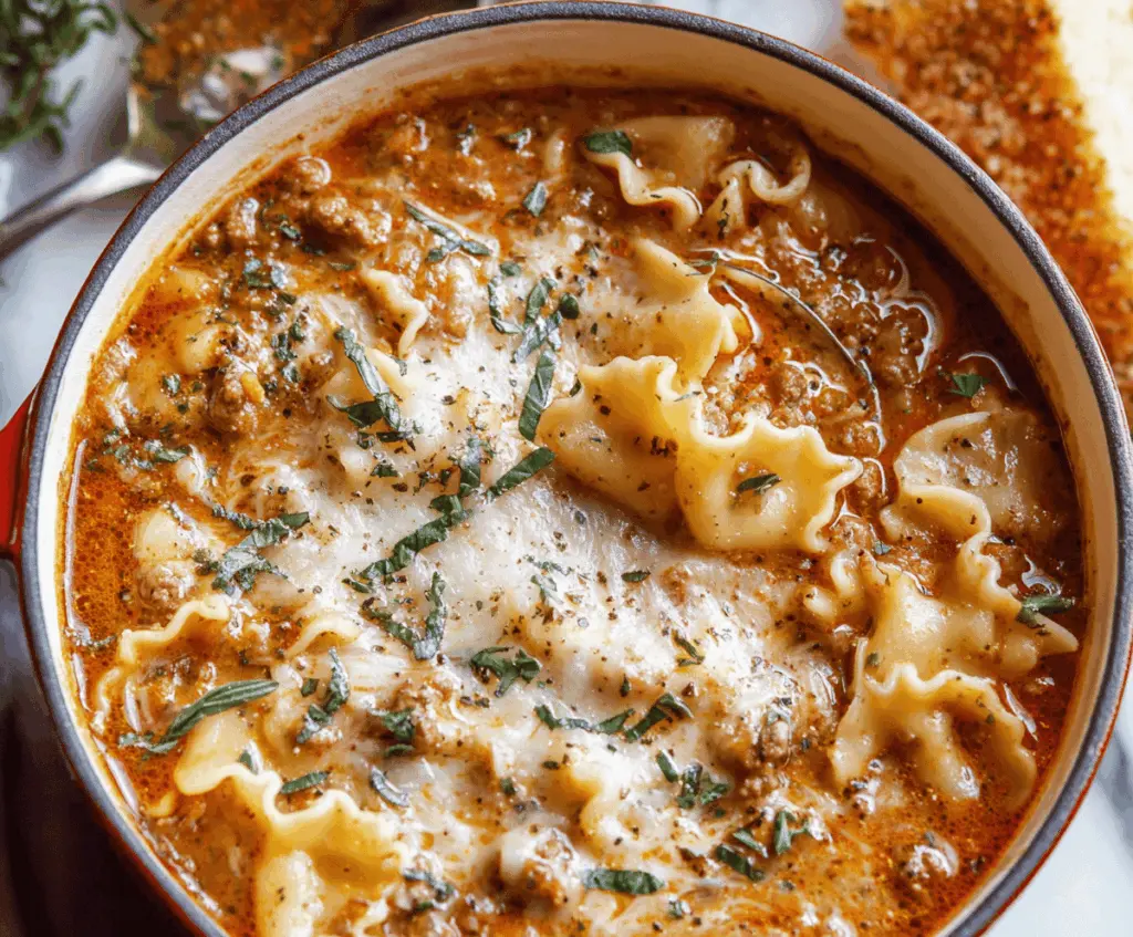 Delicious one-pot lasagna soup in a bowl with melted cheese, fresh herbs, and hearty ingredients, perfect for a comforting meal