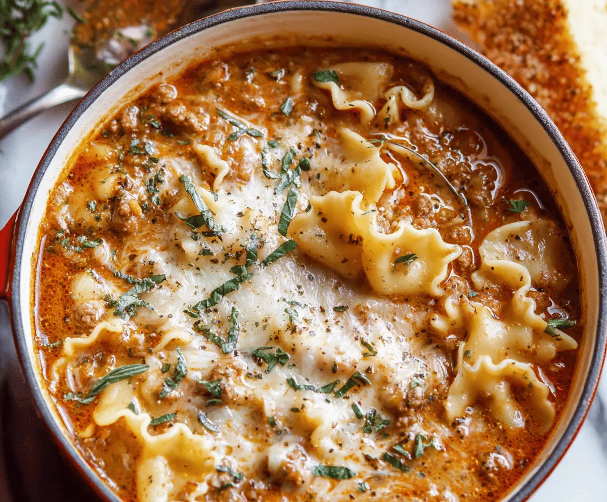 Delicious one-pot lasagna soup in a bowl with melted cheese, fresh herbs, and hearty ingredients, perfect for a comforting meal