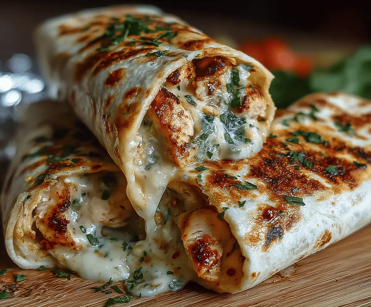 Delicious Ooey-Gooey Cheesy Garlic Chicken Wraps topped with melted cheese, fresh herbs, and crispy garlic bread, served on a white plate.