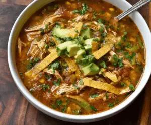 Creamy Poblano Chicken Tortilla Soup garnished with cilantro and cheese in a bowl, perfect for a flavorful and comforting meal.