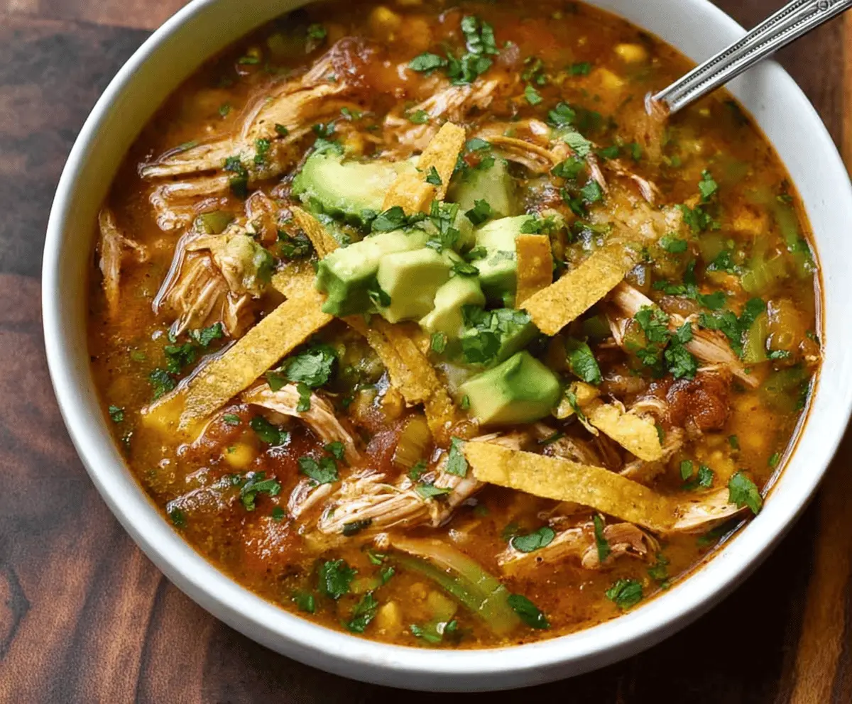 Creamy Poblano Chicken Tortilla Soup garnished with cilantro and cheese in a bowl, perfect for a flavorful and comforting meal.