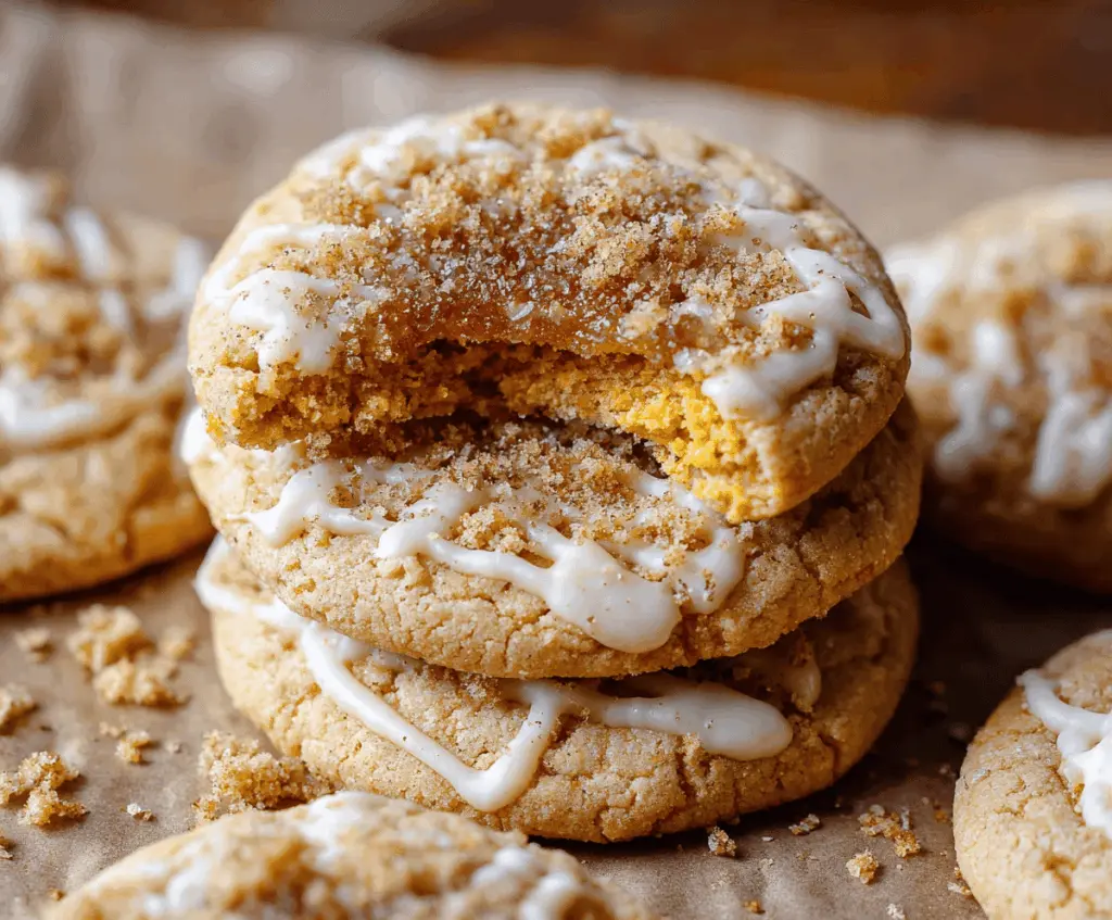 Delicious homemade pumpkin cheesecake cookies with cream cheese frosting and fall spices on a rustic wooden surface.