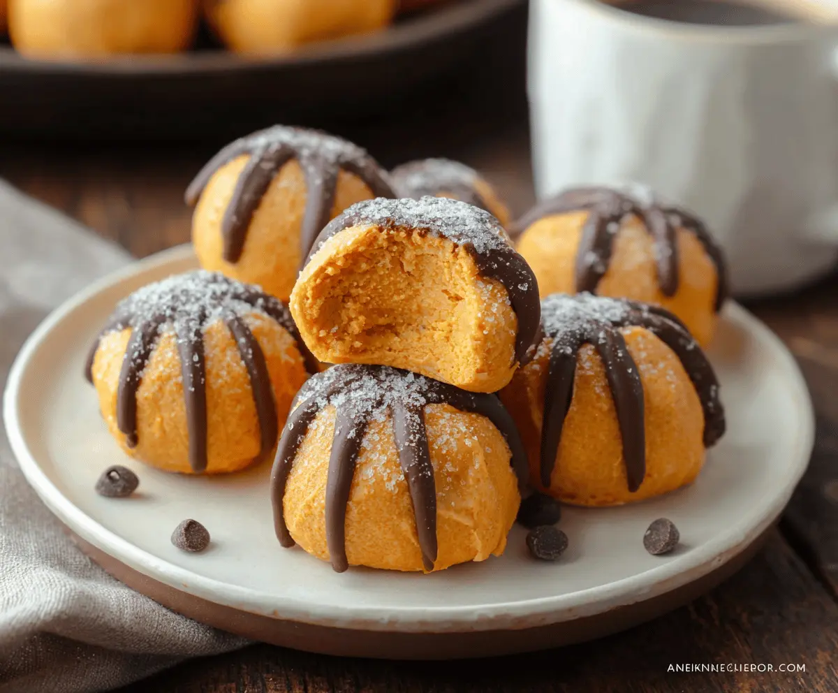 Creamy pumpkin cheesecake truffles with a smooth orange coating, perfect for fall desserts and holiday treats.