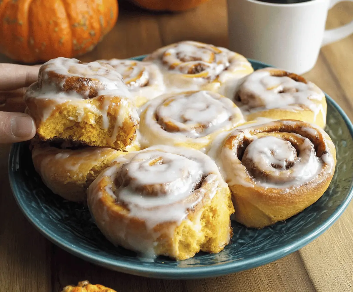 Delicious pumpkin cinnamon rolls topped with icing on a plate, perfect for fall desserts and breakfast treats.