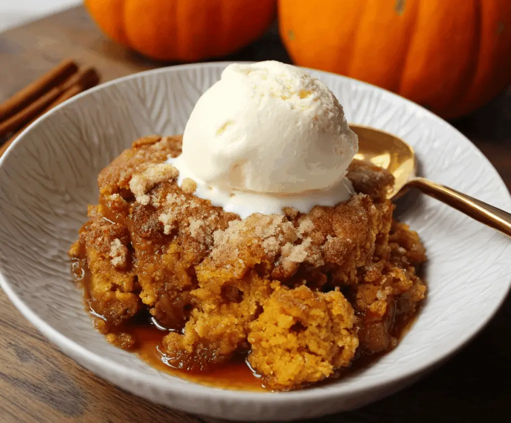 Delicious homemade pumpkin cobbler topped with golden crust and served with a scoop of vanilla ice cream