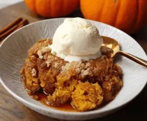 Delicious homemade pumpkin cobbler topped with golden crust and served with a scoop of vanilla ice cream