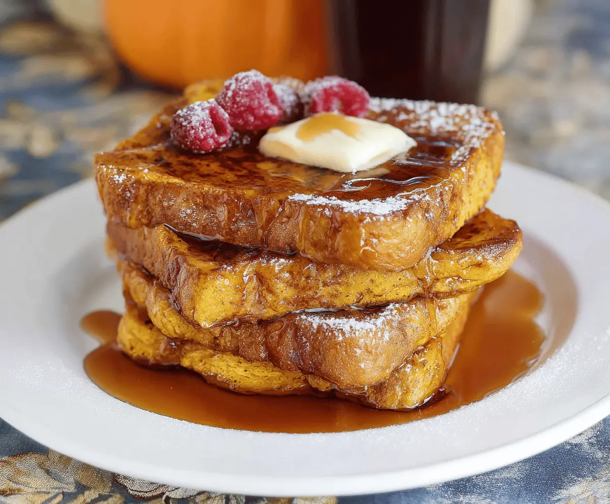 Delicious pumpkin French toast topped with whipped cream and cinnamon, served with maple syrup on a festive fall plate