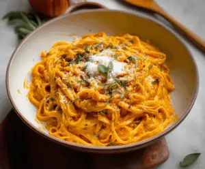 Creamy pumpkin pasta sauce served over cooked pasta with fresh herbs, perfect for fall-inspired dinners.
