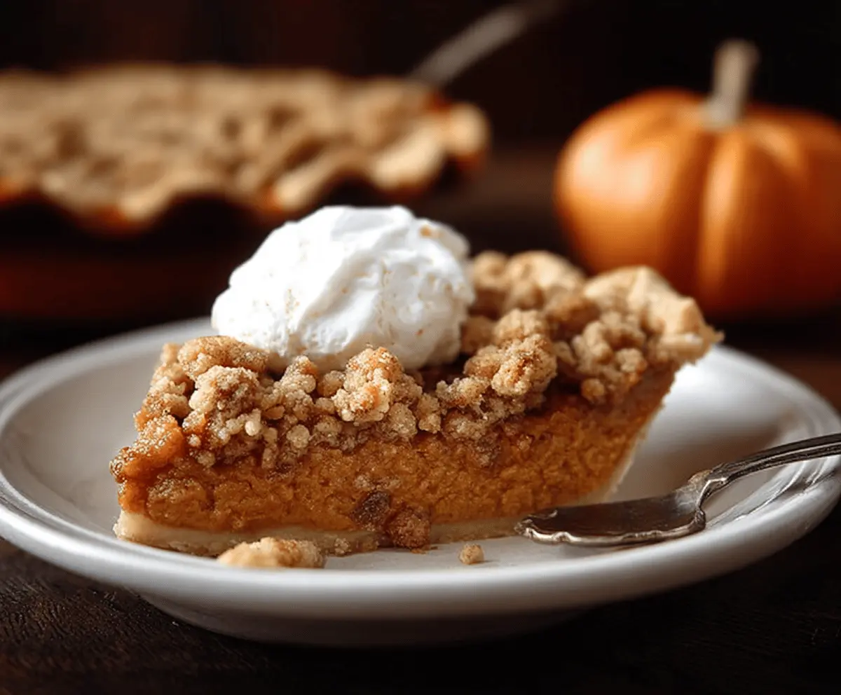 Delicious pumpkin pie crisp topped with cinnamon streusel and whipped cream, served in a rustic pie dish for a cozy fall dessert.
