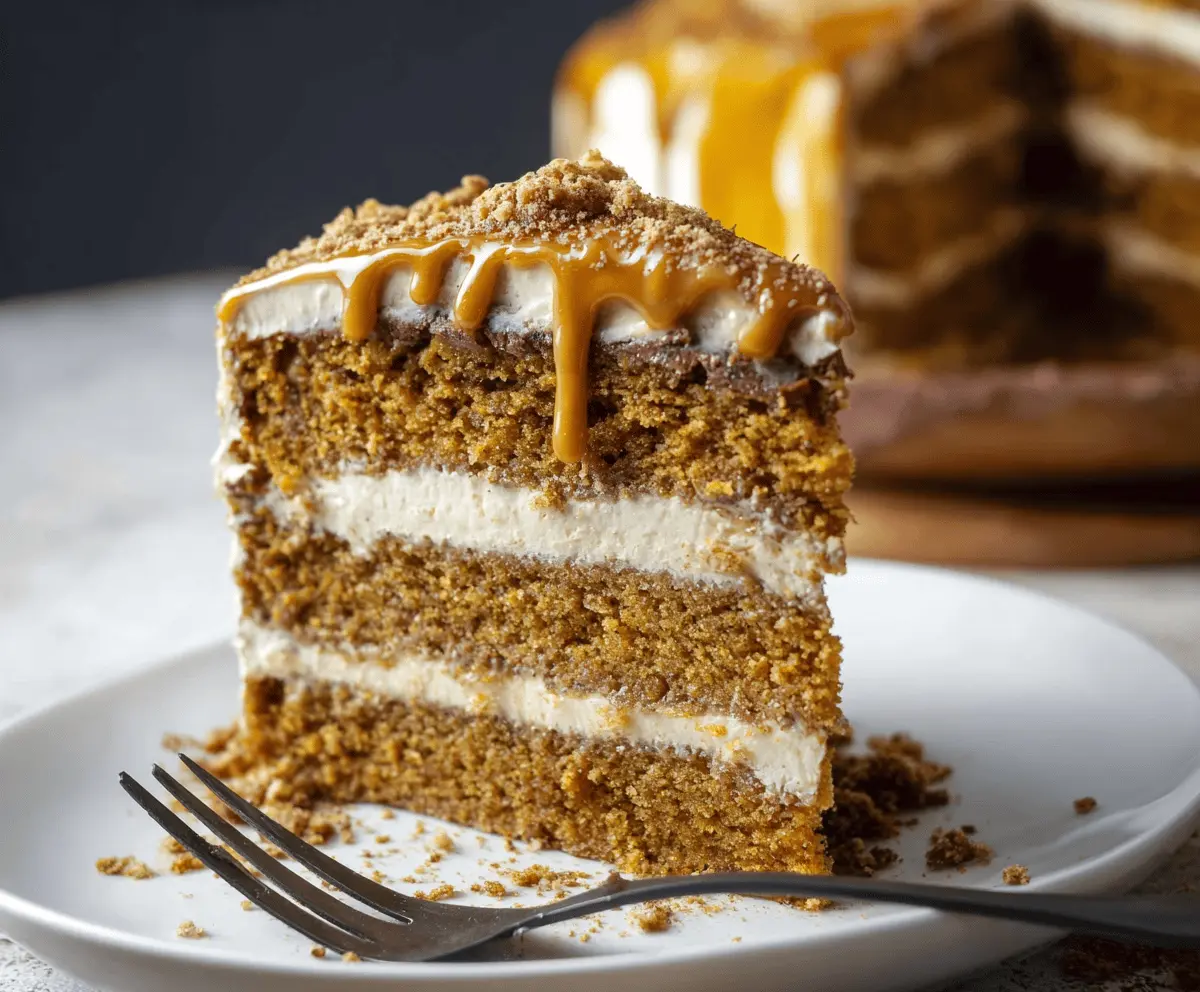 Delicious Pumpkin Spice Latte Cake topped with whipped cream and cinnamon, perfect for fall desserts.