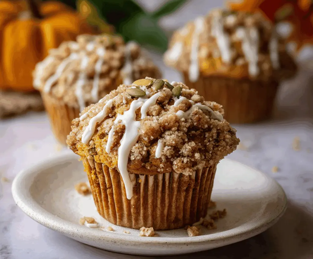 Delicious Pumpkin Streusel Muffins topped with golden crumble, perfect for fall breakfast or snack.