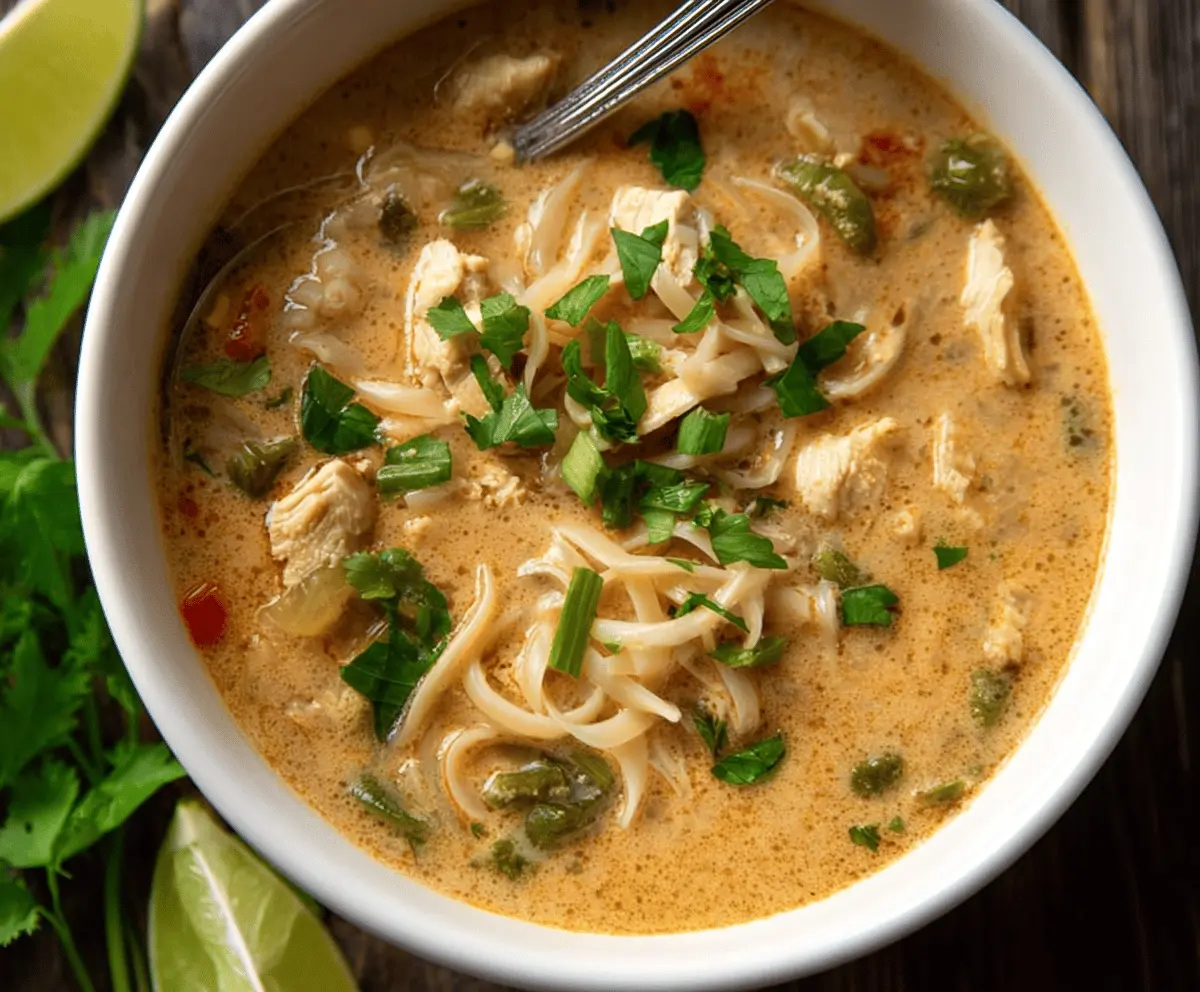 Delicious bowl of homemade Thai chicken soup with fresh herbs, vegetables, and fragrant broth, perfect for a comforting and flavorful meal.