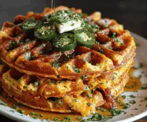 Delicious spicy cheddar jalapeño cornbread waffles served on a plate with fresh herbs and a drizzle of syrup