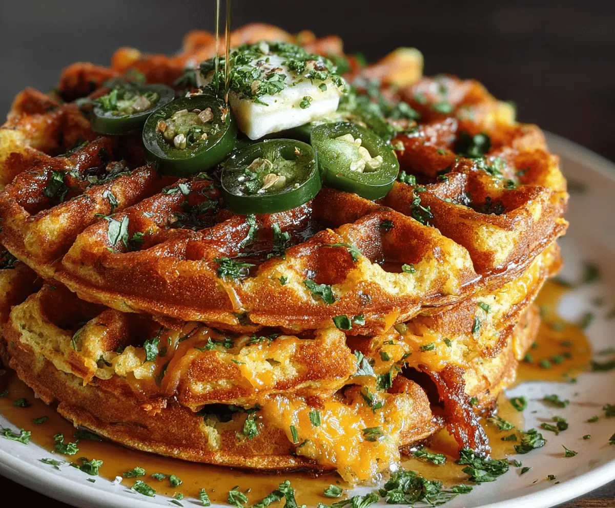Delicious spicy cheddar jalapeño cornbread waffles served on a plate with fresh herbs and a drizzle of syrup