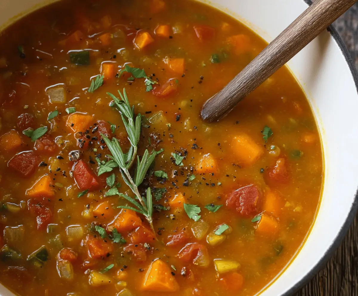 A bowl of creamy sweet potato and vegetable soup garnished with fresh herbs, showcasing vibrant orange and green colors in a rustic ceramic bowl.