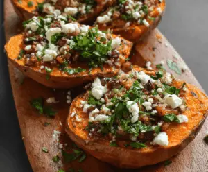 Golden roasted sweet potato rounds topped with honey drizzle and crumbled feta cheese, perfect for a savory snack or appetizer