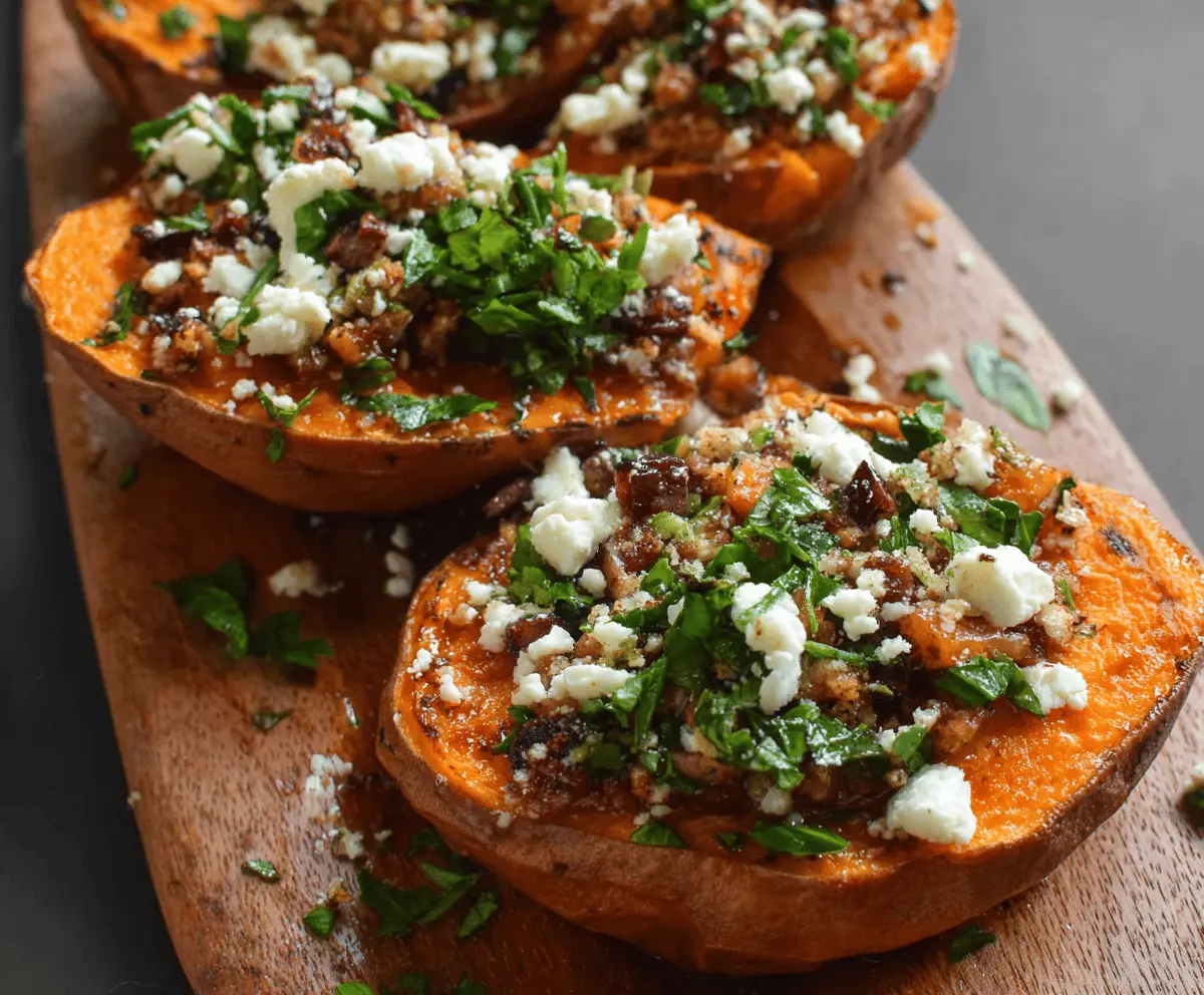 Golden roasted sweet potato rounds topped with honey drizzle and crumbled feta cheese, perfect for a savory snack or appetizer