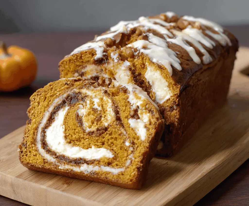 Swirled pumpkin cream cheese bread with a golden crust and creamy filling, perfect for fall baking enjoyment.