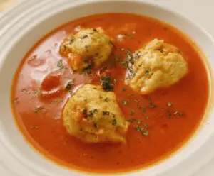 Creamy tomato soup topped with melted cheese dumplings served in a rustic bowl, garnished with fresh herbs for a comforting and flavorful dish.