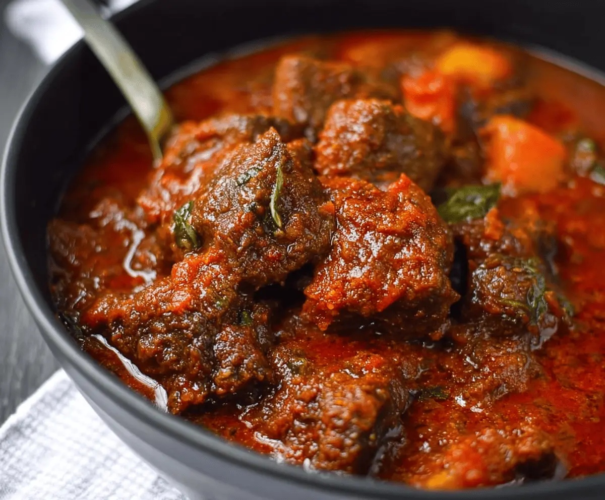 Delicious Nigerian beef stew with tender meat, rich tomato sauce, and vibrant spices, perfect for sharing