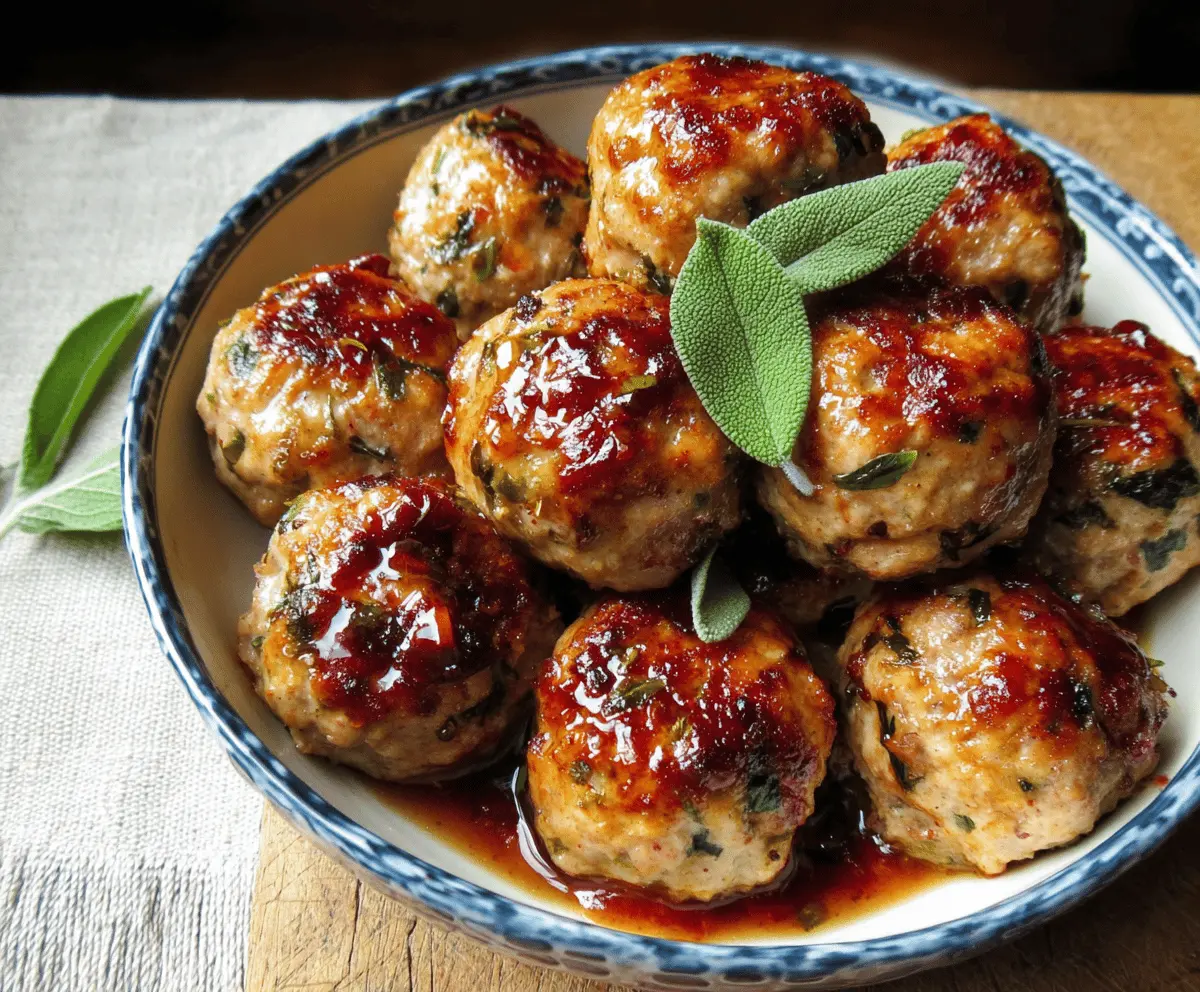 Juicy apple and sage turkey meatballs served on a plate, garnished with fresh herbs for a flavorful and healthy meal option.