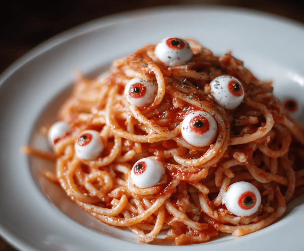 Spooky Bloody Spaghetti with Mozzarella Eyeballs Halloween Pasta served on a plate for Halloween-themed dinner