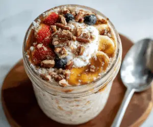 Creamy brown sugar overnight oats in a jar topped with fresh berries and a drizzle of honey for a delicious and healthy breakfast