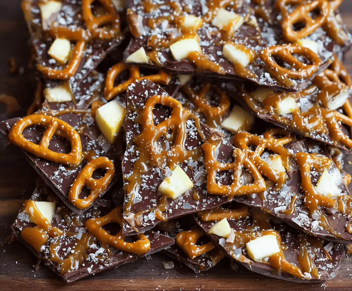 Delicious homemade caramel apple bark with crushed toffee and chopped apples on a rustic wooden surface
