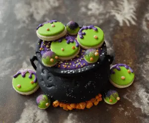 Delicious homemade cauldron cookies with spooky green frosting and colorful candy decorations, perfect for Halloween treats.