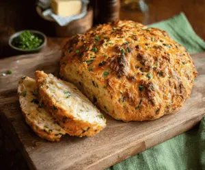 Golden homemade cheddar and herb soda bread with a crispy crust, sliced to reveal a savory, cheesy interior, perfect for breakfast or a snack.