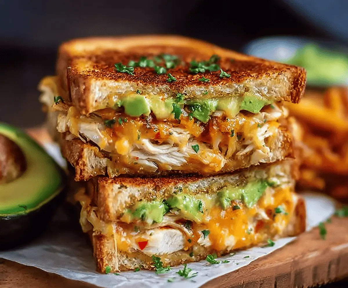 Delicious cheesy chicken avocado melt sandwich with melted cheese, fresh avocado slices, and crispy bread, perfect for a flavorful lunch or snack.