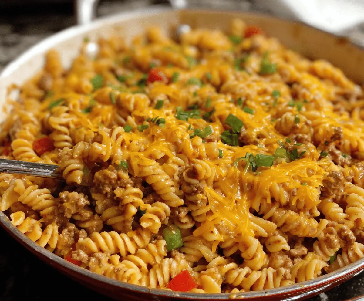 Creamy cheesy ground turkey pasta served in a bowl, featuring melted cheese, cooked ground turkey, and pasta, perfect for a comforting and easy meal